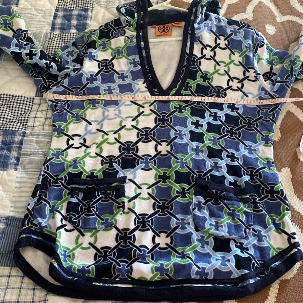 Tory Burch Terry Cloth Hoodie Tunic L chain print blue green white 100% cotton - Picture 4 of 9